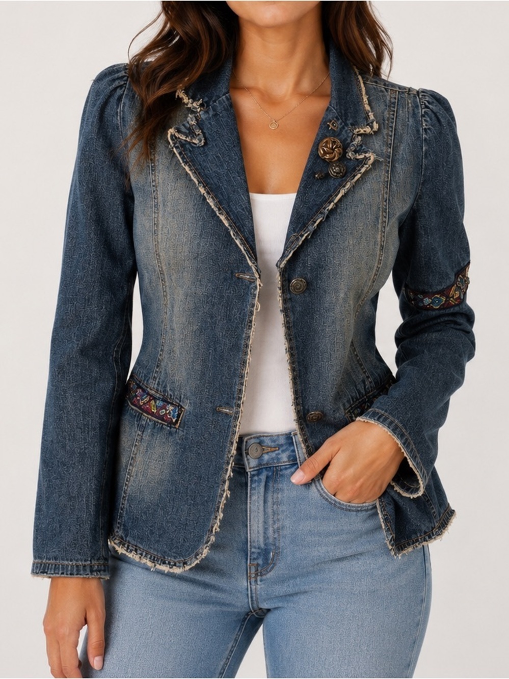 Vintage Early 2000's Hand Embellished Fitted Blazer Distressed Detail - Size 4